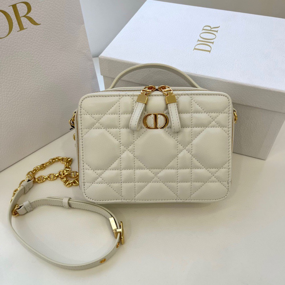 Dior Caro Box Bag with Chain in White Macrocannage Calfskin TDBS25014